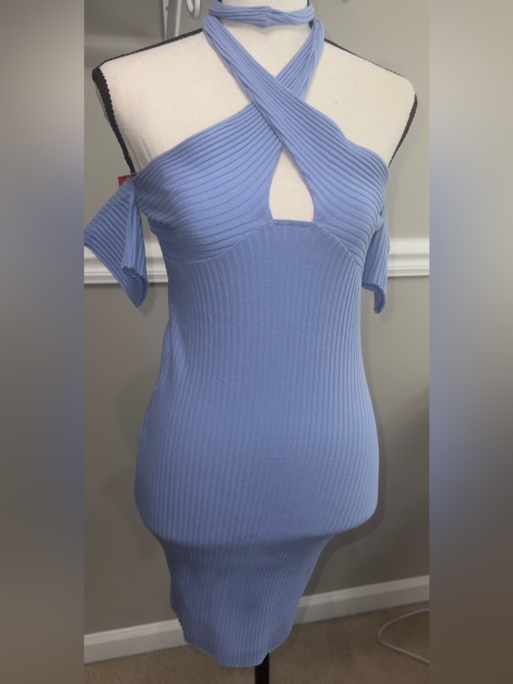 Zara Sky Blue Ribbed One-Shoulder Cross-Neck Bodycon Dress Small - Picture 2 of 7